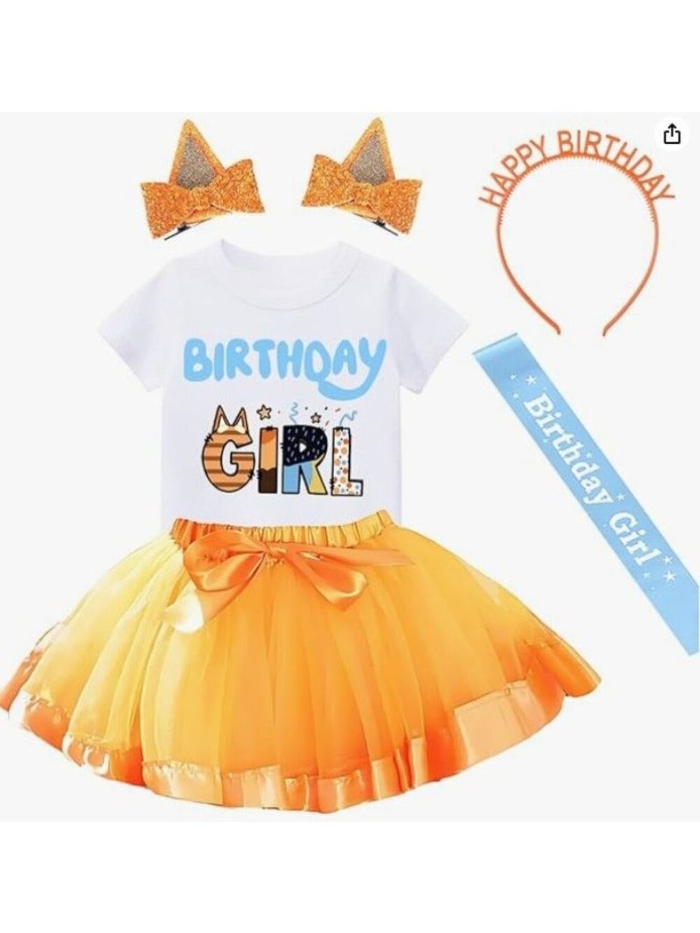 Birthday Girls Outfit T-Shirt Tutu Set ears w/clips, Headband Satin Sash 2T-3T M